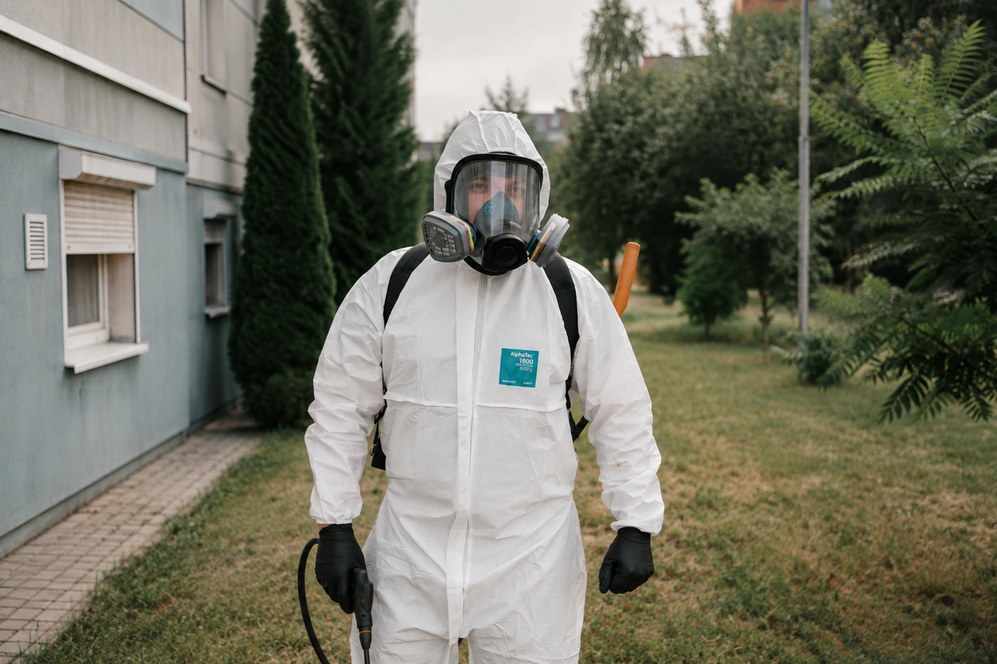 Специалисты PEST BALTIC в защитных костюмах с туманогенераторами